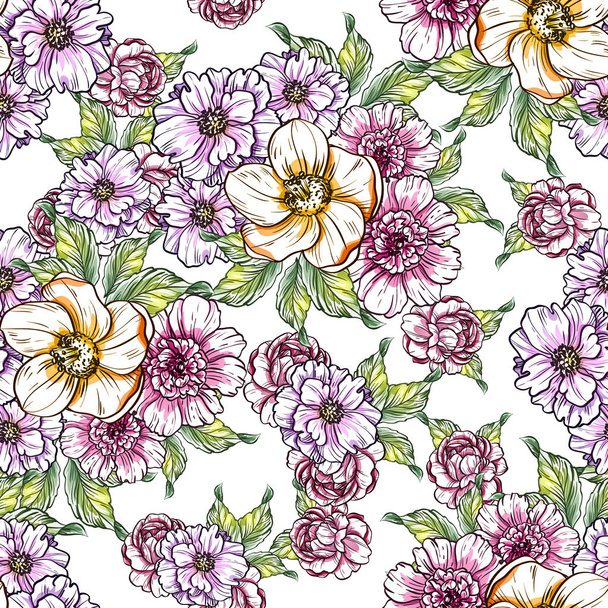 Seamless vintage style bright flower pattern. Floral elements in color - Vector, Image