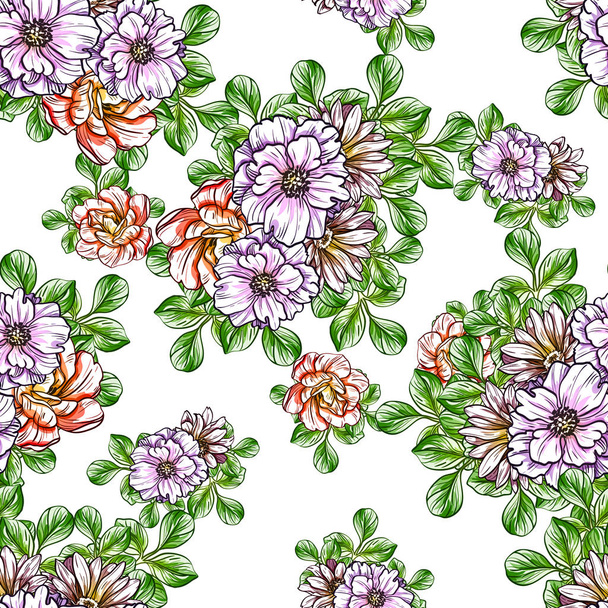 Seamless vintage style bright flower pattern. Floral elements in color - Vektör, Görsel