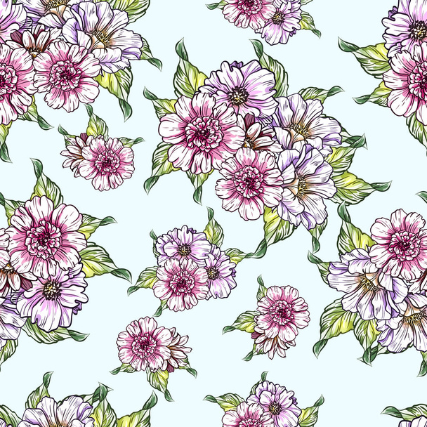 シームレスなビンテージ スタイルの明るい花のパターン。色で花の要素 - ベクター画像