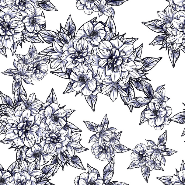 Seamless vintage style flower pattern. Floral elements in black and white. - Vektor, obrázek