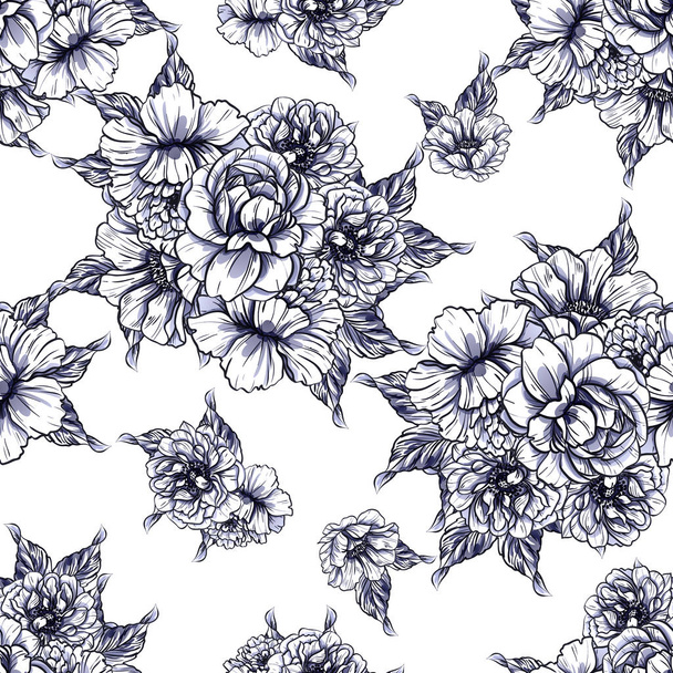Seamless vintage style flower pattern. Floral elements in black and white. - Vector, Imagen