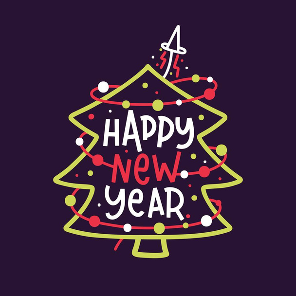 Hand drawing text for Happy New Year illustration on bright background. Greeting card. Bright multi-colored letters. Modern, stylish hand drawn lettering. Calligraphic inscription. Merry Christmas. - Wektor, obraz