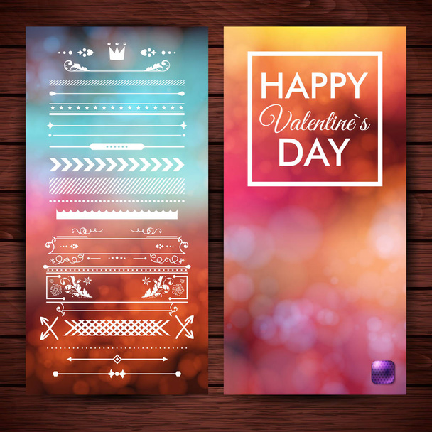 Wooden backdrop. Layered vector illustration. Set of design elements and Valentines day card on various colorful backgrounds with light effects. Typographic text. - Vector, Image