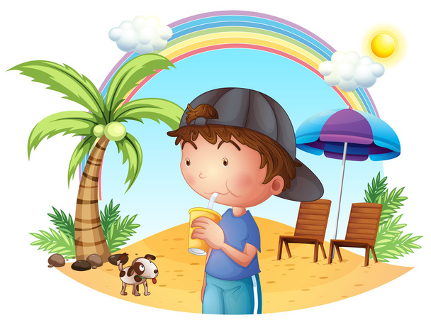 A young boy at the beach with his pet - Vector, Image