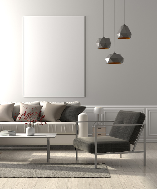 Vysmívat se rámeček a v interiéru obývacího pokoje skandinávského stylu. 3D obrázek. - Fotografie, Obrázek