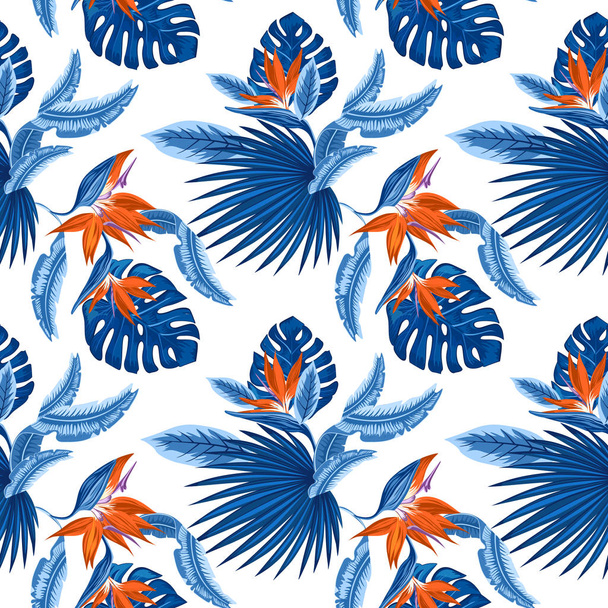 Vector  seamless pattern of tropical blue palm leaves, monstera  leaves  and coral flowers of the bird of paradise (Strelitzia) plumeria on a light blue background. Wallpaper trend design. - Wektor, obraz