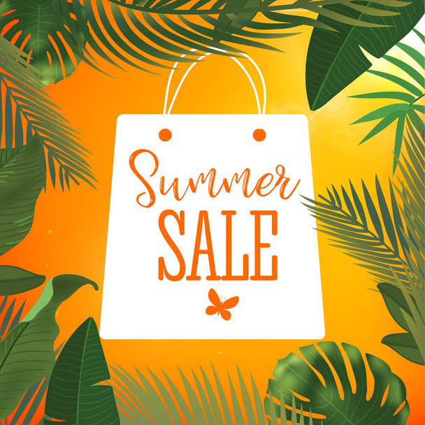 Summer sale banner. Vector illustration with tropical flowers and palm leaves. Realistic sun flare. Template for ad or web design. - Vector, imagen