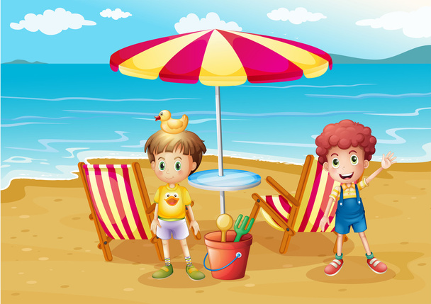 Dois meninos na praia perto do guarda-chuva e cadeiras
 - Vetor, Imagem