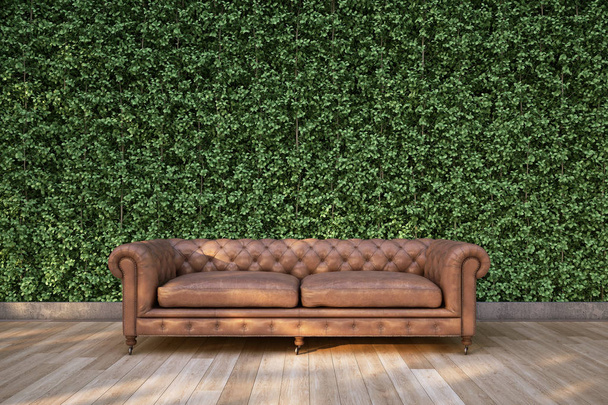 Klasyczna sofa na drewnianym tarasem w ogrodzie. renderowania 3D - Zdjęcie, obraz