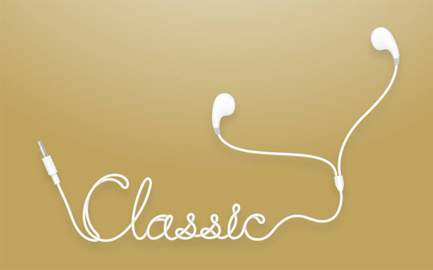 Écouteurs, couleur blanche type Earbud et texte classique en câble isolé sur fond dégradé or, avec espace de copie
 - Vecteur, image
