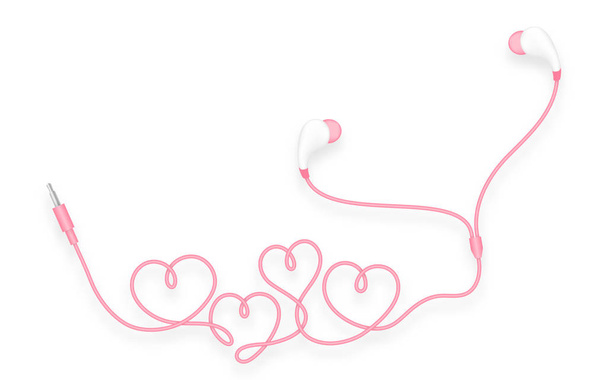 Earphones, In Ear type pink color and heart symbol made from cable isolated on white background, with copy space - Vector, Image