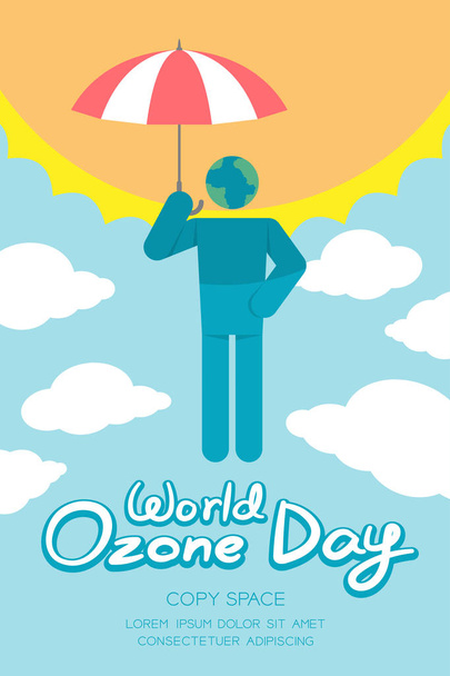 Día Mundial del Ozono 16 Septiembre vertical Conjunto de banderas, concepto de calentamiento global pictograma hombre icono tierra con protección paraguas, sol, cielo y nube ilustración aislada sobre fondo azul, con espacio de copia
 - Vector, Imagen