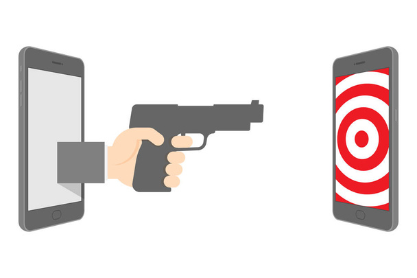 Internet cyber suç kavramı fikir illüstrasyon izole kopya alanı ile beyaz arka plan üzerinde iki Smartphone silah ve hedef desen ekranda tutan el ile ayarla - Vektör, Görsel