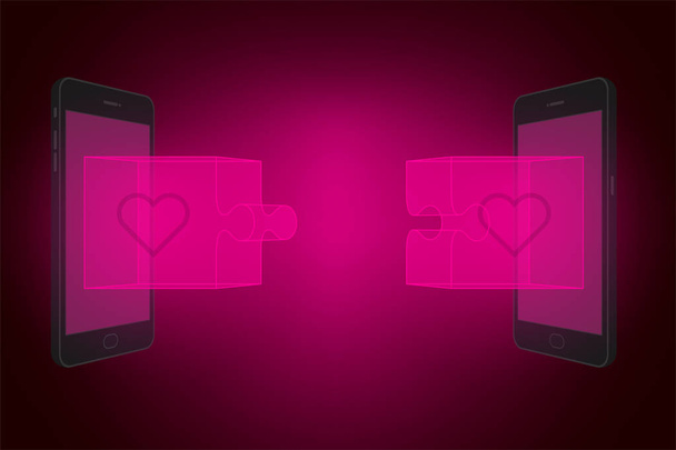Két smartphone-val kirakós játék 3D-s és a szív szimbólum beállítása szeretet le koncepció ötlet illusztráció elszigetelt világít a sötét háttér előtt, másol hely - Vektor, kép