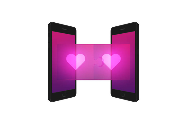 Two smartphone with jigsaw puzzle 3d and heart symbol set Love Connect concept idea illustration isolated on white background, with copy space - Vector, Image