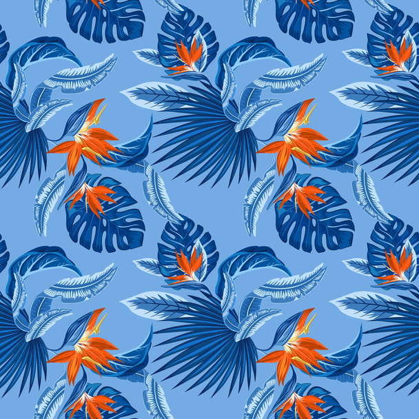 Motif vectoriel sans couture de feuilles de palmier bleu tropical, feuilles de monstère et fleurs de corail de l'oiseau de paradis (Strelitzia) plumeria sur un fond bleu clair. Fond d'écran tendance design
. - Vecteur, image