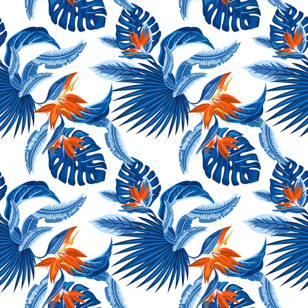 Vector  seamless pattern of tropical blue palm leaves, monstera  leaves  and coral flowers of the bird of paradise (Strelitzia) plumeria on a light blue background. Wallpaper trend design. - Vector, Image