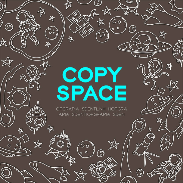 Astronaut in Space kids hand drawing set pattern background illustration isolated on brown color background, with center copy space circle shape - Vector, Image