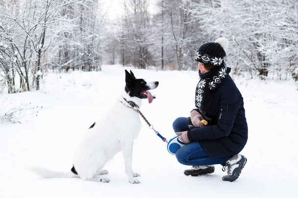 Beautiful young woman with her black and white dog on a walk in winter forest. - Photo, Image