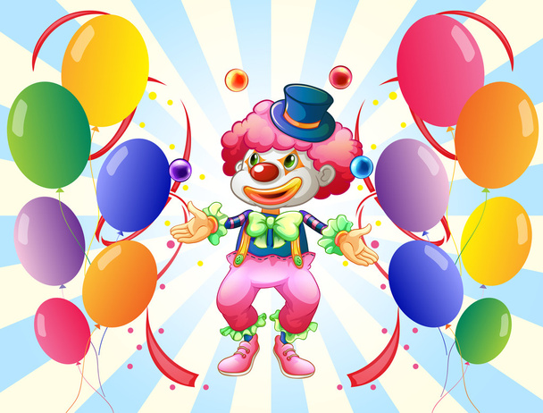 Un payaso con un traje colorido rodeado de globos
 - Vector, Imagen