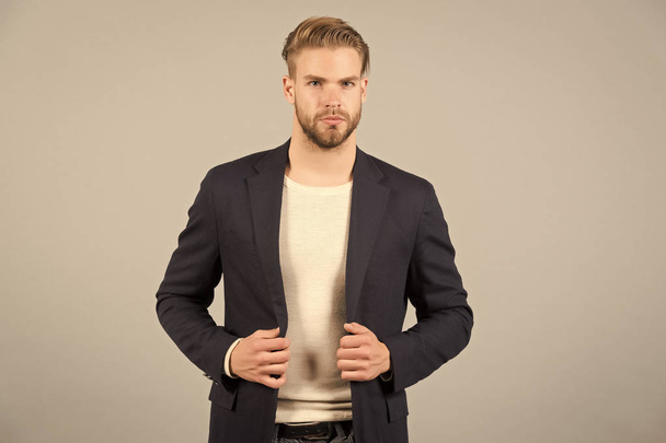 Mens fashion, style and dress code. Man in formal suit jacket, tshirt, fashion. Businessman with bearded face and hair, haircut. Business, entrepreneurship and career concept. - Foto, Imagen