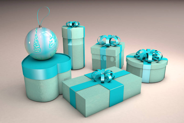 Χριστουγεννιάτικη κάρτα 3d απεικόνιση του μπλε δώρο κουτί και Χριστούγεννα παιχνίδι μπάλα χρώμα σε ροζ φόντο - Φωτογραφία, εικόνα
