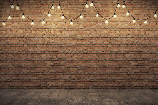 Orange rough brick wall & Concrete floor with lighting. 3D illustration - Photo, Image