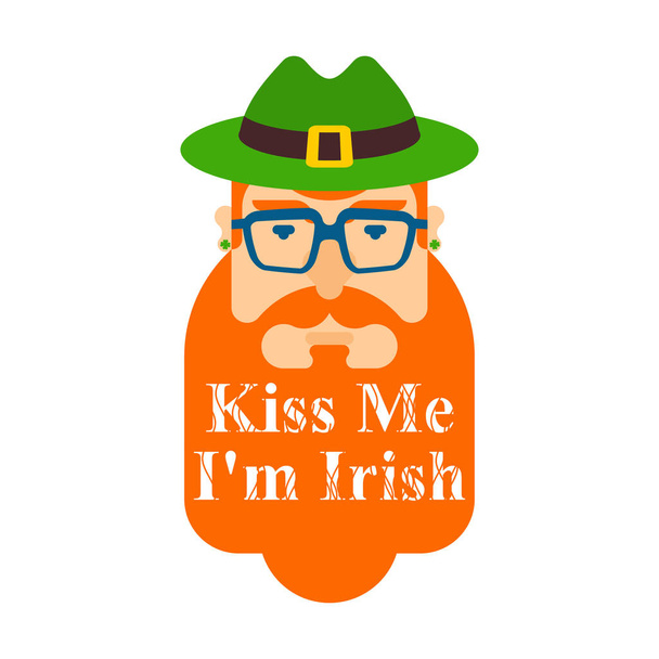 Kiss me, im Irish. Leprechaun hipster face. Hat and beard. St.Patricks Day. Irish traditional holiday. Folk Cultural Festival in Ireland - Vektor, Bild