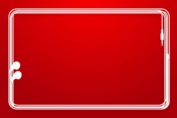 Kopfhörer, Ohrhörertyp weiße Farbe und abgerundete Rechteckrahmen aus Kabel isoliert auf rotem Farbverlauf Hintergrund, mit Kopierraum - Vektor, Bild