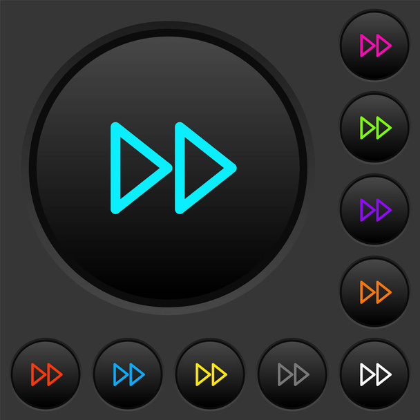 Media fast forward dark push buttons with vivid color icons on dark grey background - Vector, Image