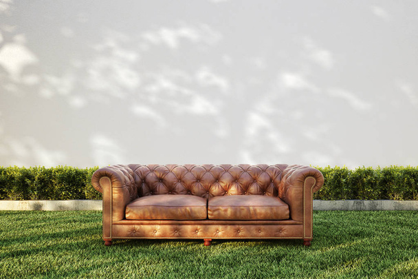 Classic Sofa with bush and white wall background. 3D illustrator - Photo, Image