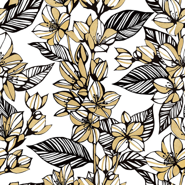 Seamless flower pattern. Gold Jasmine flowers on a white background. Hand pencil drawing. Vintage style. Design for textiles and fabrics. Gold flowers and leave. - Photo, Image