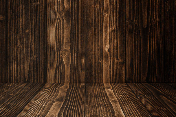 Grunge dark wood background wall and floor. wooden texture. surface, display backdrop, put product on floor. - Photo, Image