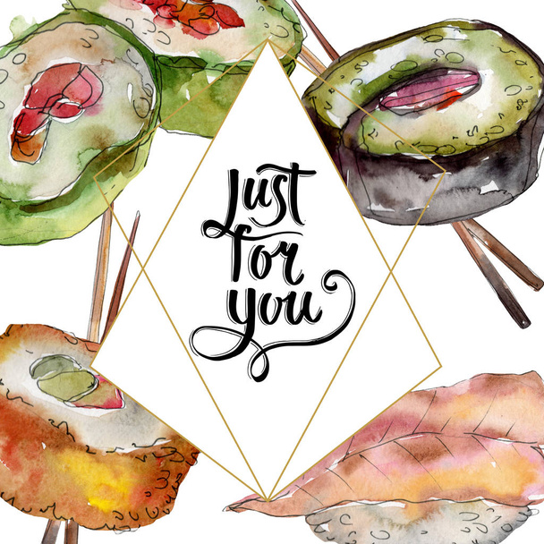 Watercolor sushi set of beautiful tasty japanese food illustration. Frame border ornament square. - 写真・画像