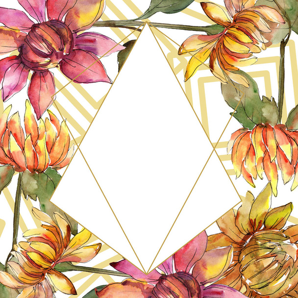 Orange and red asters. Floral botanical flower. Watercolor background illustration set. Frame border ornament square. - Foto, imagen