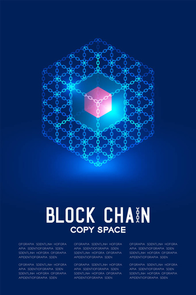 Blockchain technologia 3d izometryczny wirtualnych, system online projekt ilustracja koncepcja na białym tle na ciemnym niebieskim tle i Blockchain tekst z kopii przestrzeni, wektor eps 10 - Wektor, obraz