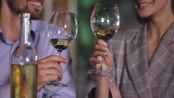 Drink Wine. Closeup Of Couple Cheering And Drinking White Wine - Filmmaterial, Video