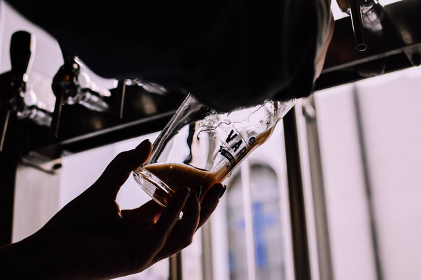Lviv, Ukraine - September 4, 2018: Silhouette of a girl pouring a pint of dark beer in a craft beer pub. Local pub. Shiny beer taps on the background - Photo, Image