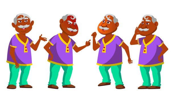 Indian Old Man Set Vector. Elderly People. Hindu. Senior Person. Aged. Comic Pensioner. Lifestyle. Cover, Placard Design. Isolated Cartoon Illustration - Vector, Image