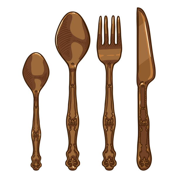 Ensemble de couverts en bronze vintage de dessin animé vectoriel. Couteau, Fourchette, Cuillère, Cuillère à thé
 - Vecteur, image