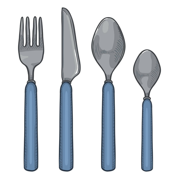 Векторный мультипликационный набор из обрезков с синими пластиковыми ручками. Нож, вилка, ложка, чайная ложка
 - Вектор,изображение