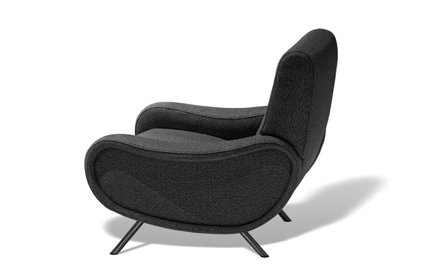 Крісло чорного кольору. Сучасне дизайнерське крісло на білому тлі. Стілець з текстильної оббивки
 - Фото, зображення