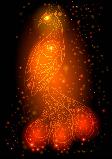 Silhueta de um pássaro ardente cercado por faíscas de chama em um brilho vermelho em um fundo preto
. - Vetor, Imagem