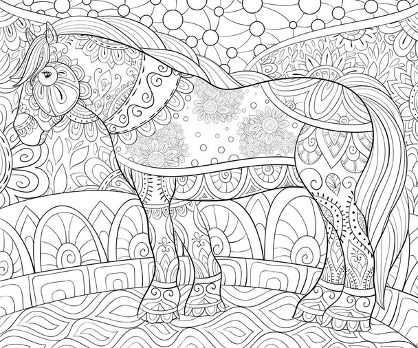 Un lindo caballo con adornos en la imagen abstracta de fondo floral para una actividad relajante.Un libro para colorear, página para adultos.Ilustración de estilo de arte zen para imprimir.Diseño de póster. - Vector, imagen