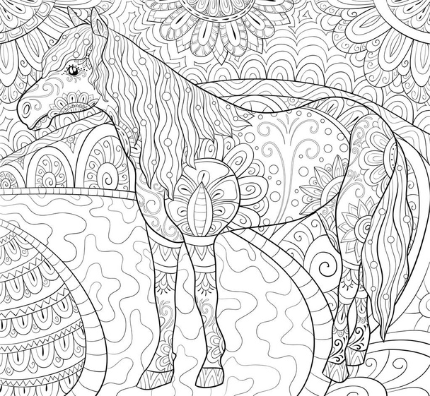 Ein nettes Pferd mit Ornamenten auf dem abstrakten floralen Hintergrundbild für entspannende Aktivität.Ein Malbuch, Seite für Erwachsene. Zen Art Style Illustration für Print.Poster Design. - Vektor, Bild