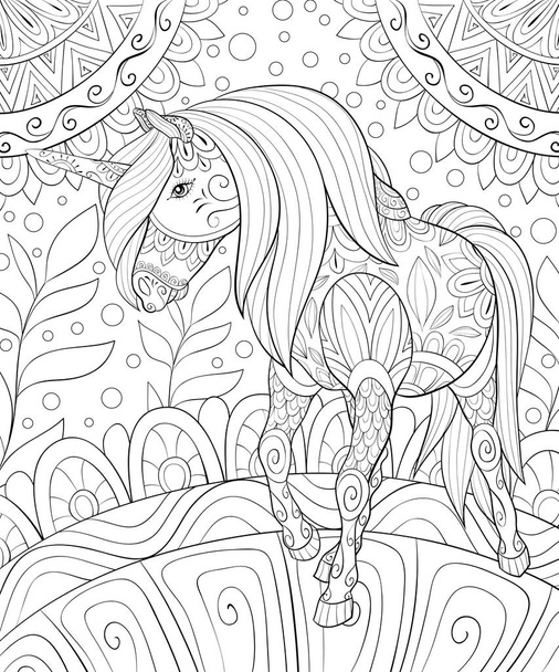 A cute unicorn on the abstract floral background image for relaxing activity.A coloring book,page for adults.Zen art style illustration for print.Poster design. - Vector, Imagen