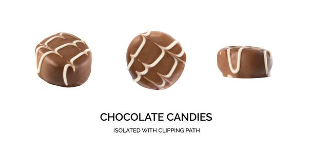 Widok piękny słodki cukierek Top czekolady na białym tle. Różnymi kątami Fotografia makro z Creative kakao, czekolady, słodycze, truflami i Bonbons Close Up z ścieżkę przycinającą - Zdjęcie, obraz