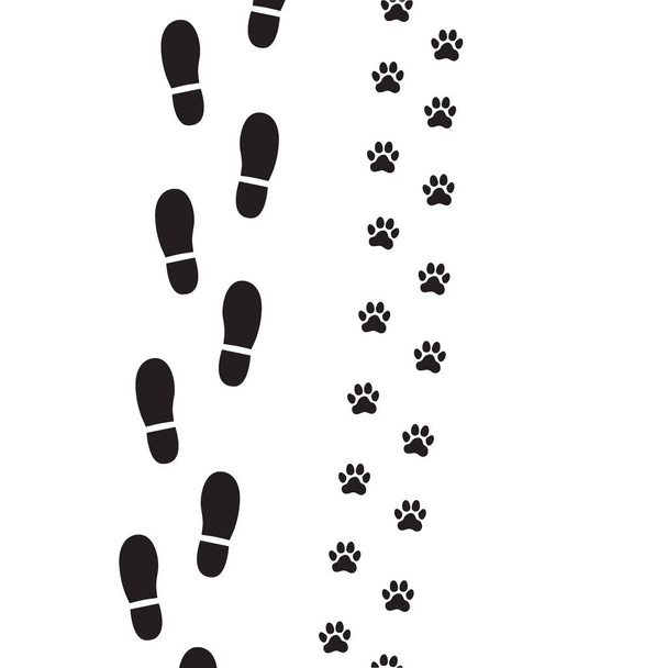 Human foot prints and dog paw prints. Man and animal friendship. Walking together with a pet. Vector illustration. - Vector, Image