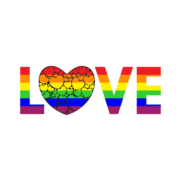 Word Love written in rainbow colors. Big heart filled with small hearts. Colors of the rainbow flag. LGBT love icon. Vector illustration. - Vector, Image