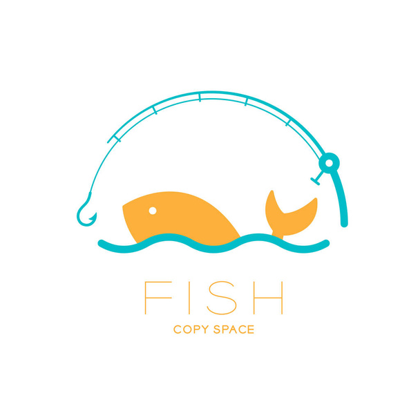 Ryby a moře v rámu křivky rybářský prut, sada ikon logo design ilustrace izolované na bílém pozadí s ryb text a kopírovat prostor - Vektor, obrázek